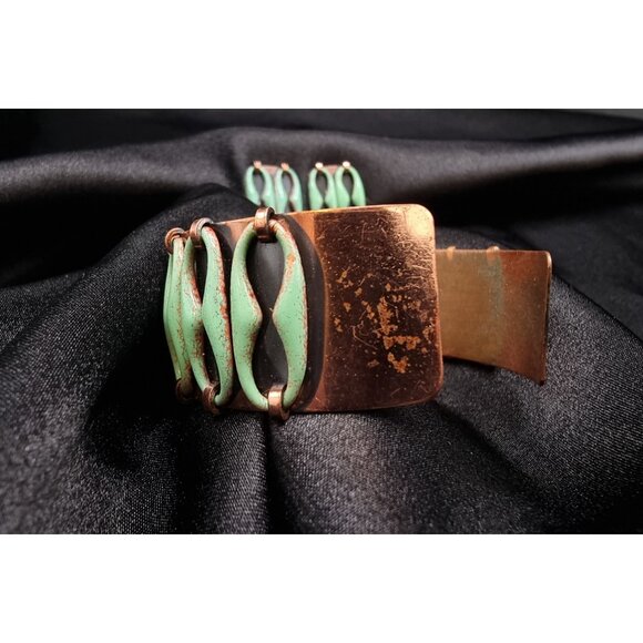 Vintage MATISSE Signed Copper & Green Enamel Cuff Bracelet & Earrings Set - Picture 4 of 7